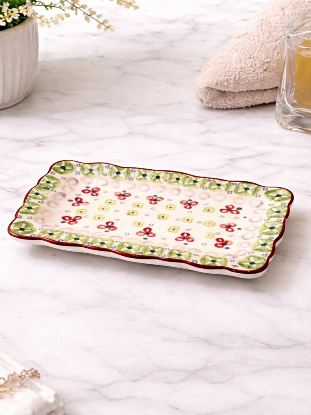 Gypsy Signature Floral Trinket Plate Scalloped Rectangular Stoneware Dish